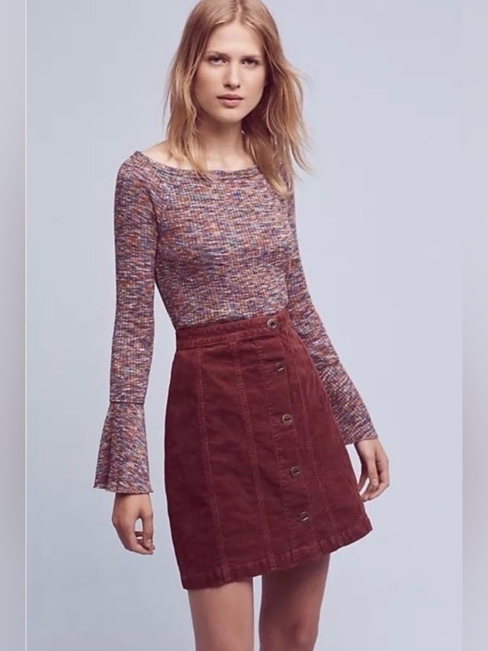 Pilcro & The Letterpress Gallery Corduroy Mini Skirt Wine/Bordeaux Button Front